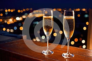 Champagne glasses flutes on balcony overlooking city, festive special occasion