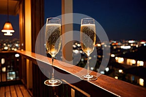 Champagne glasses flutes on balcony overlooking city, festive special occasion