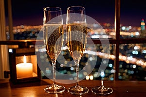 Champagne glasses flutes on balcony overlooking city, festive special occasion