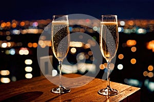 Champagne glasses flutes on balcony overlooking city, festive special occasion photo