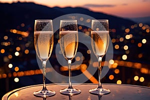 Champagne glasses flutes on balcony overlooking city, festive special occasion photo