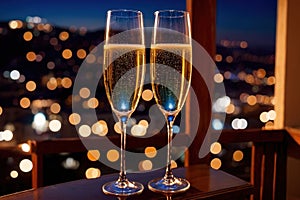 Champagne glasses flutes on balcony overlooking city, festive special occasion photo