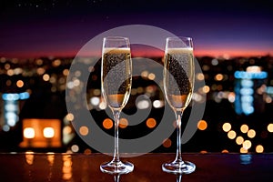 Champagne glasses flutes on balcony overlooking city, festive special occasion photo