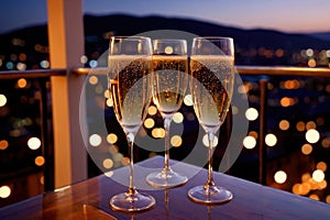 Champagne glasses flutes on balcony overlooking city, festive special occasion photo