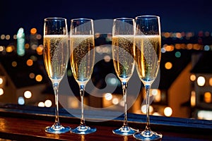 Champagne glasses flutes on balcony overlooking city, festive special occasion photo