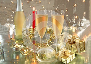 Champagne in glasses, gift box and lights