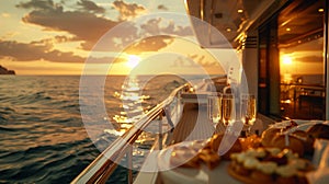 Champagne glasses and gourmet snacks await on a yacht deck at golden hour