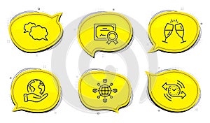 Champagne glasses, Logistics network and Messenger icons set. Timer sign. Vector
