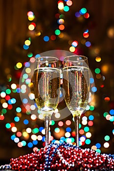 Champagne glasses on New Year's Eve. Merry christmas and a happy new year