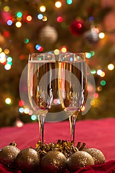 Champagne glasses on New Year's Eve. Merry christmas and a happy new year