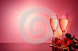 Champagne glasses, present and roses in front of beige background