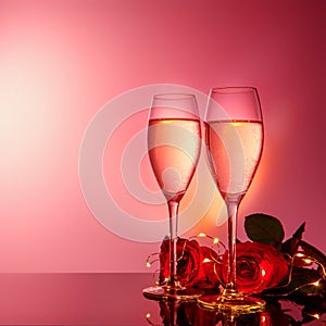 Champagne glasses, present and roses in front of beige background