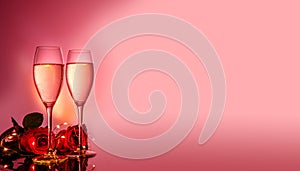 Champagne glasses, red roses in front of pink beige background. Valentines day holiday composition. Birthday, Women