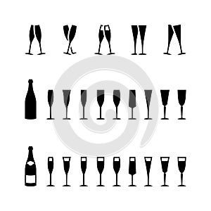 Champagne glasses set icon vector illustration set. Birthday Christmas Eve New Year happy event celebration silhouette pictogram