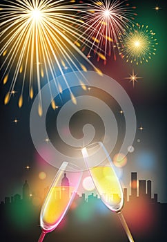 Champagne glasses with sparklers vector illustration, background