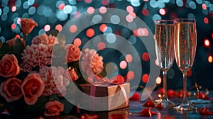 Champagne glasses on sparkling with Roses and Gift Box