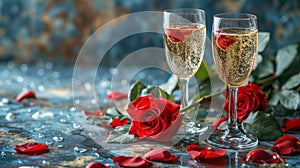 Champagne glasses with strawberries, surrounded by red roses and petals