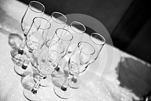 Champagne glasses on a table.