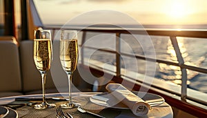 Champagne glasses on the table in Luxury cruise ship.