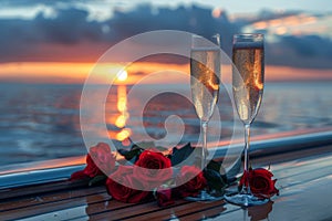 Champagne glasses on the table in Luxury cruise ship. travel concept. Generative AI