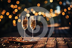 Champagne Glasses to Celebrate on a Rustic Wooden Table. Text space