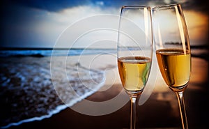 Champagne glasses on tropical beach - exotic New Year