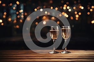 champagne glasses on wooden table with bokeh lights. Copy space