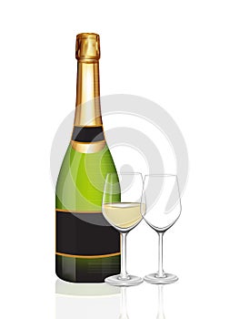 Champagne green bottle and two champagne glass on white