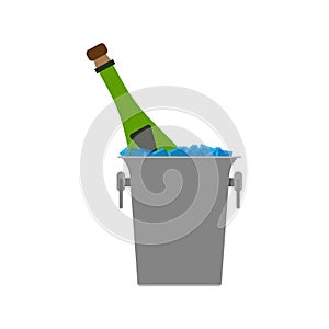 Champagne ice bucket set beverage event anniversary vector icon. Cooling flat glass bottle silhouette fridge