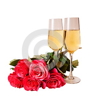 Champagne and pink roses isolated on white