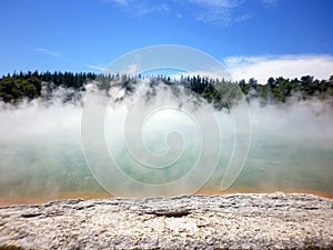 The Champagne Pool at Wai-O-Tapu or Sacred Waters â€“ Thermal Wonderland Rotorua New Zealand.