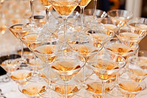 Champagne pyramid on event, party or banquet.