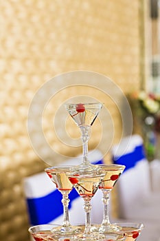 Champagne pyramid on event, party or wedding banquet reception