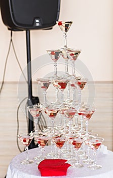 Champagne pyramid on event, party or wedding banquet reception