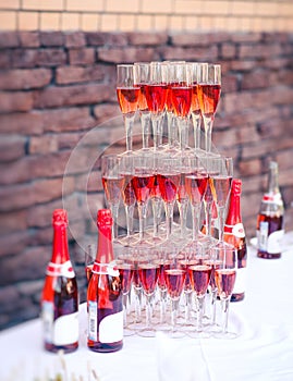 Champagne pyramid in welcome area for wedding or party guests