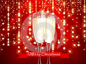 Champagne in realistic glass with merry christmas red ribbon and gold elements on red light background. Vector illustration.