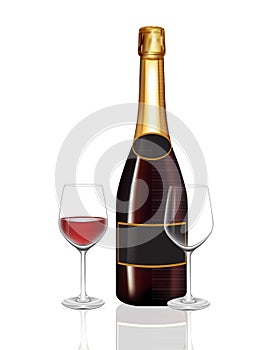 Champagne red bottle and two champagne glass on white