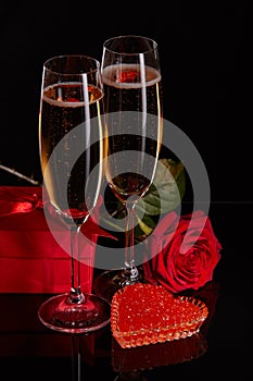 Champagne, red caviar and gifts. Valentine`s day