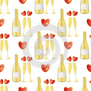Champagne and red hearts seamless vector pattern background. Gold bottles, glasses, fizzy drink on white backdrop