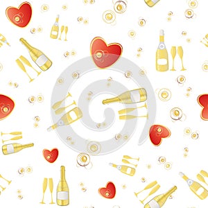 Champagne and red hearts seamless vector pattern background. Gold bottles, glasses, fizzy drink on white backdrop