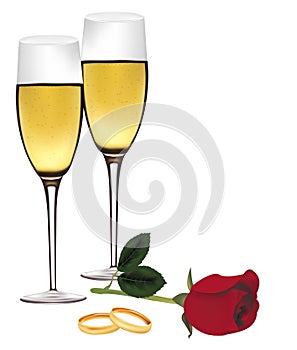 Champagne, a rose and wedding rings.