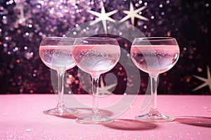 Champagne or rose wine in many elegant glasses on festive pink background.