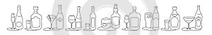 Champagne rum martini wine vodka whiskey liquor beer tequila vermouth bottle and glass outline icon on white background. Black