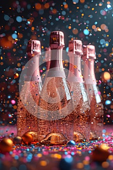 Champagne set with an empty label on a festive background with balloons