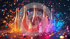 Champagne set with an empty label on a festive background with balloons