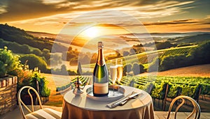 Champagne set on a table overlooking a scenic vineyard at sunset, promising a romantic evening