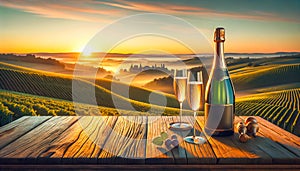 Champagne set on a table overlooking a scenic vineyard at sunset, promising a romantic evening