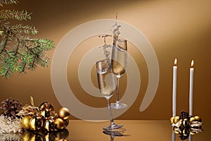 Champagne splash, new year card, in a festive atmosphere.