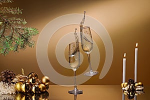 Champagne splash, new year card, in a festive atmosphere.