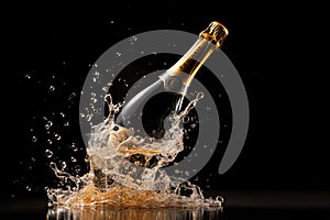 Champagne splashing out of a bottle, isolated on black background, A bottle of champagne popping open, with bubbles spilling out,